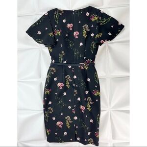 David Meister Sz 2 Black Floral Belted Sheath Pencil Dress Wedding Work Career